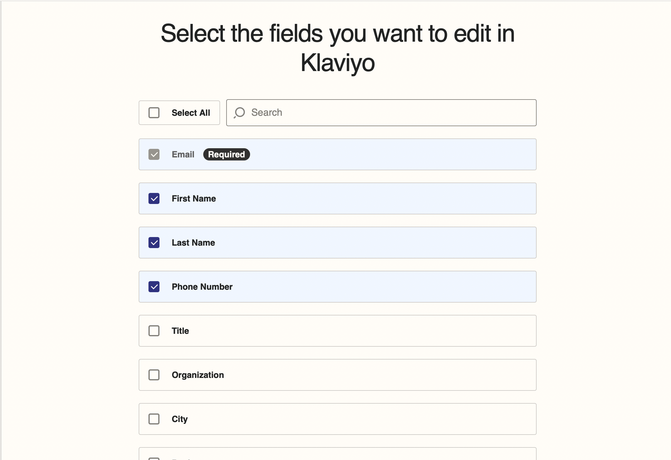select fields to push into Klaviyo