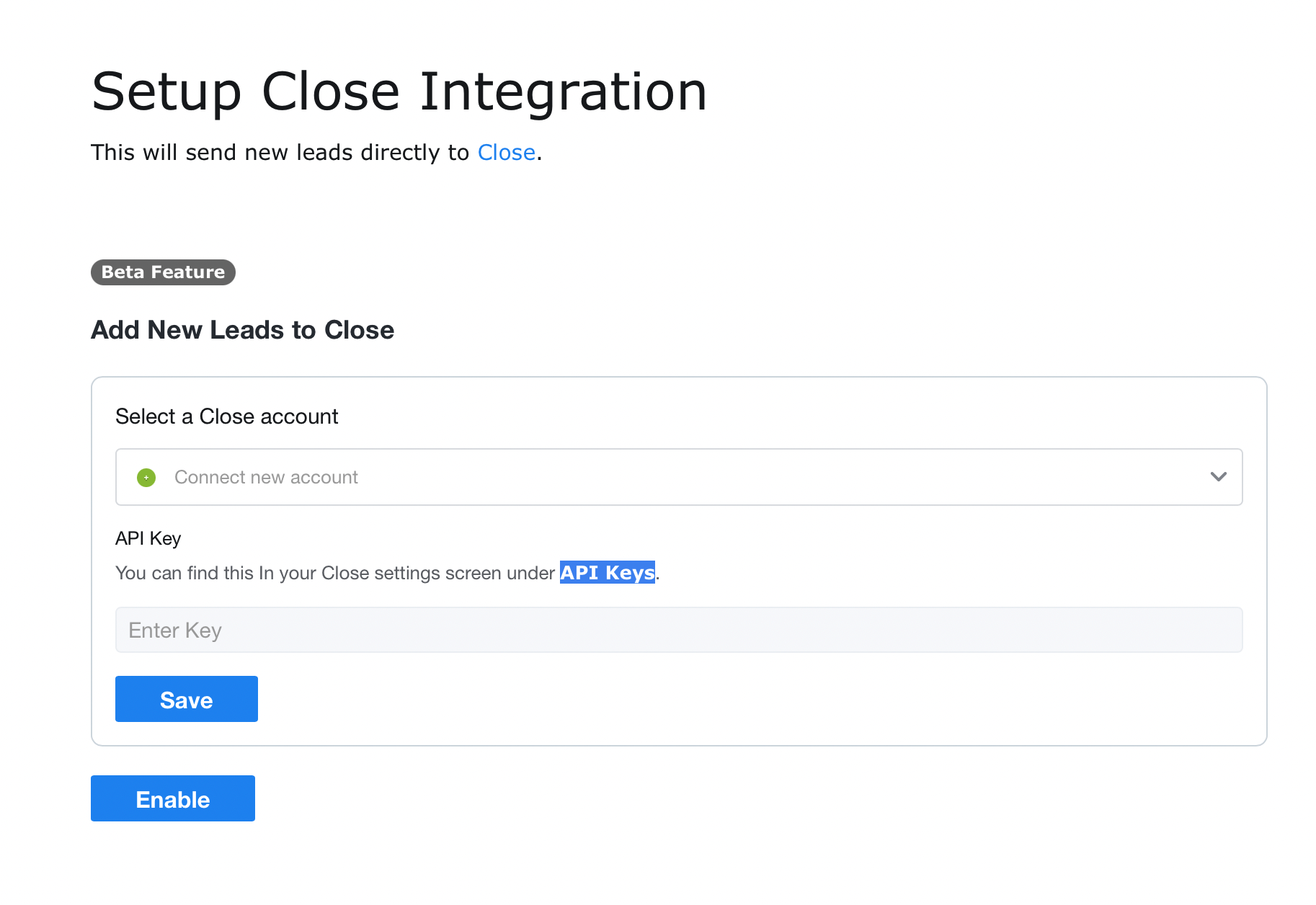 Connect to Close via API key