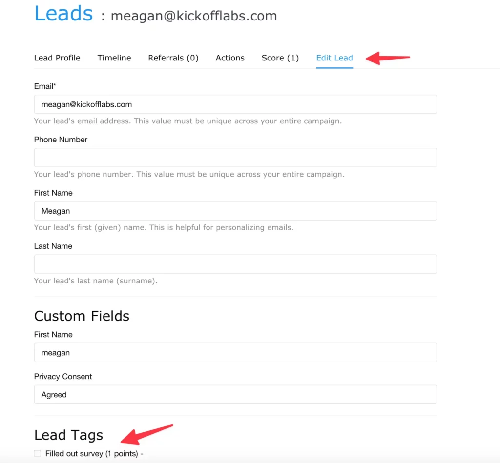 edit lead card to complete lead tag action
