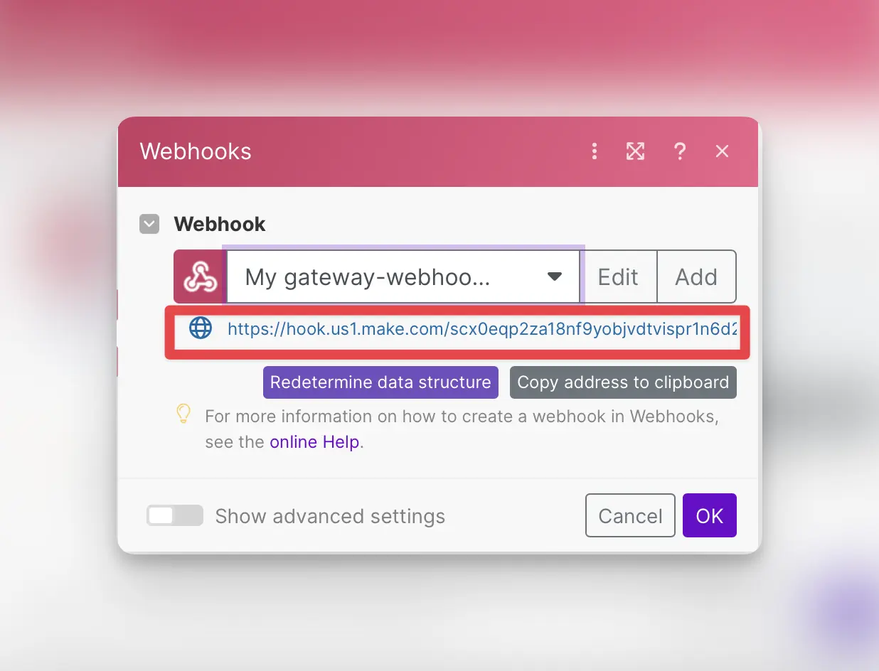 Copy webhook URL in Make