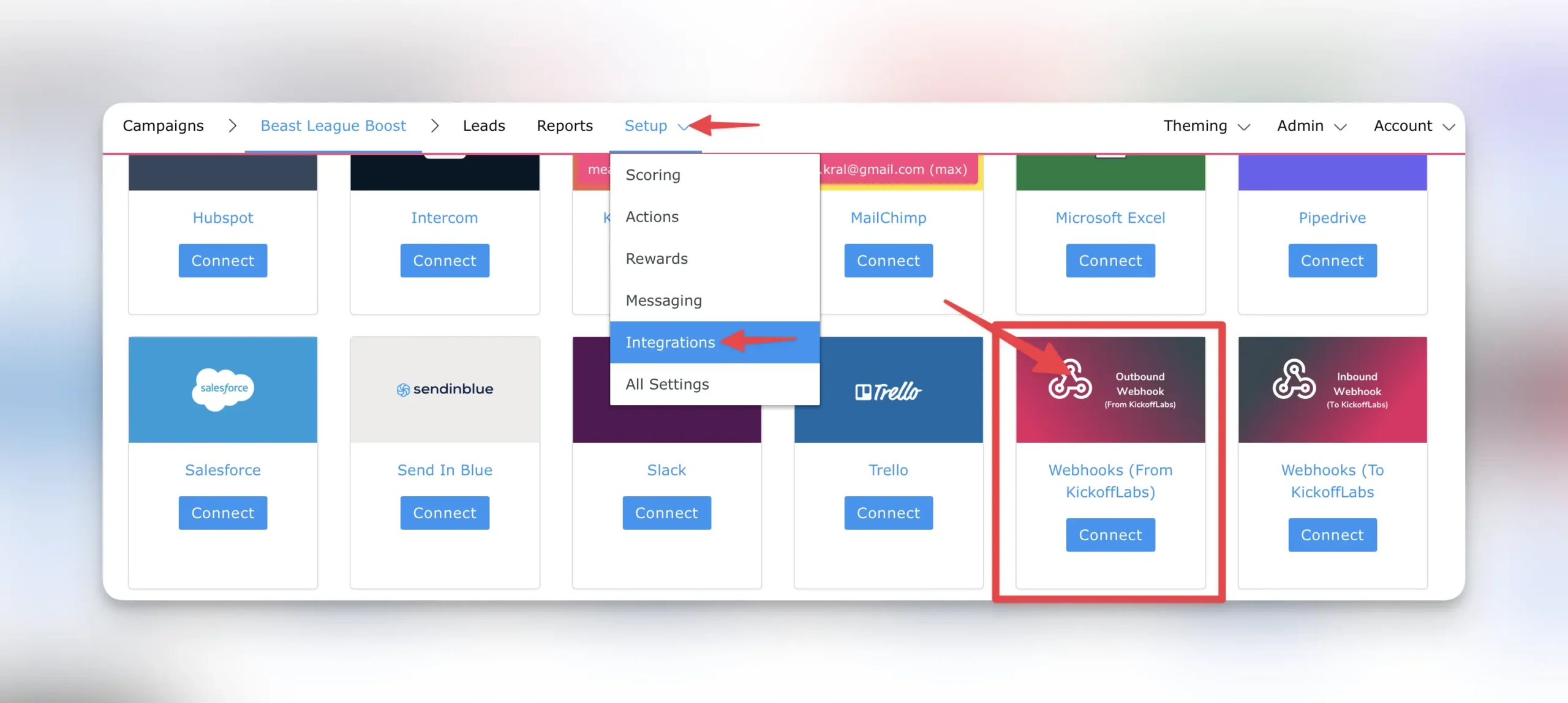 Select outbound webhook from KickoffLabs integration menu