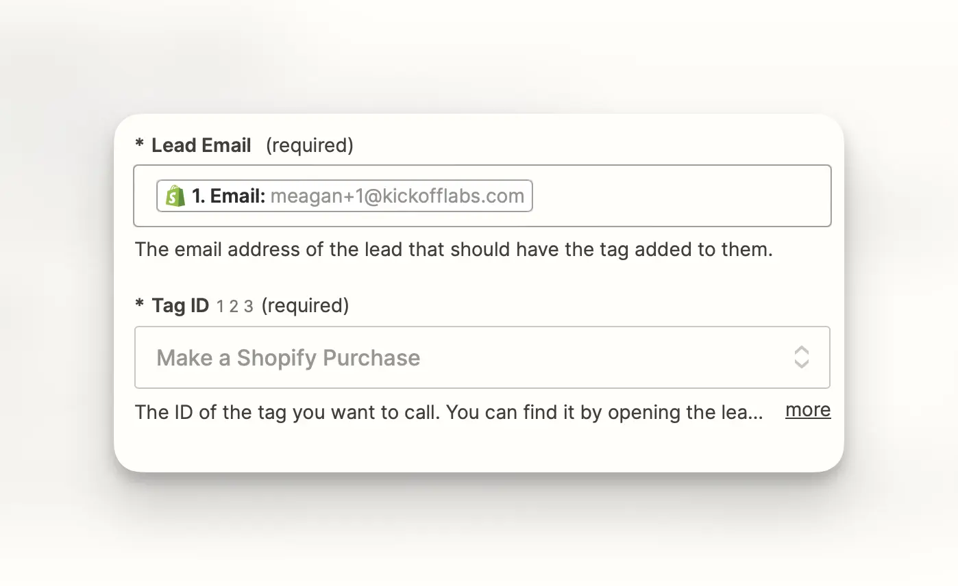 Map the email and lead tag fields in Zapier